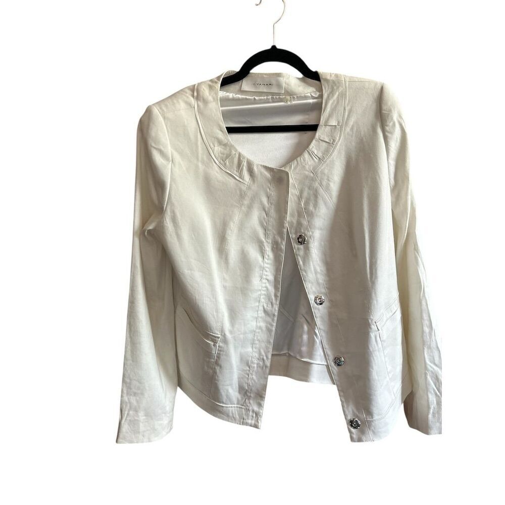 Tarhari Women's Ivory Open Jacket L Button Accents‎ Mid-Length